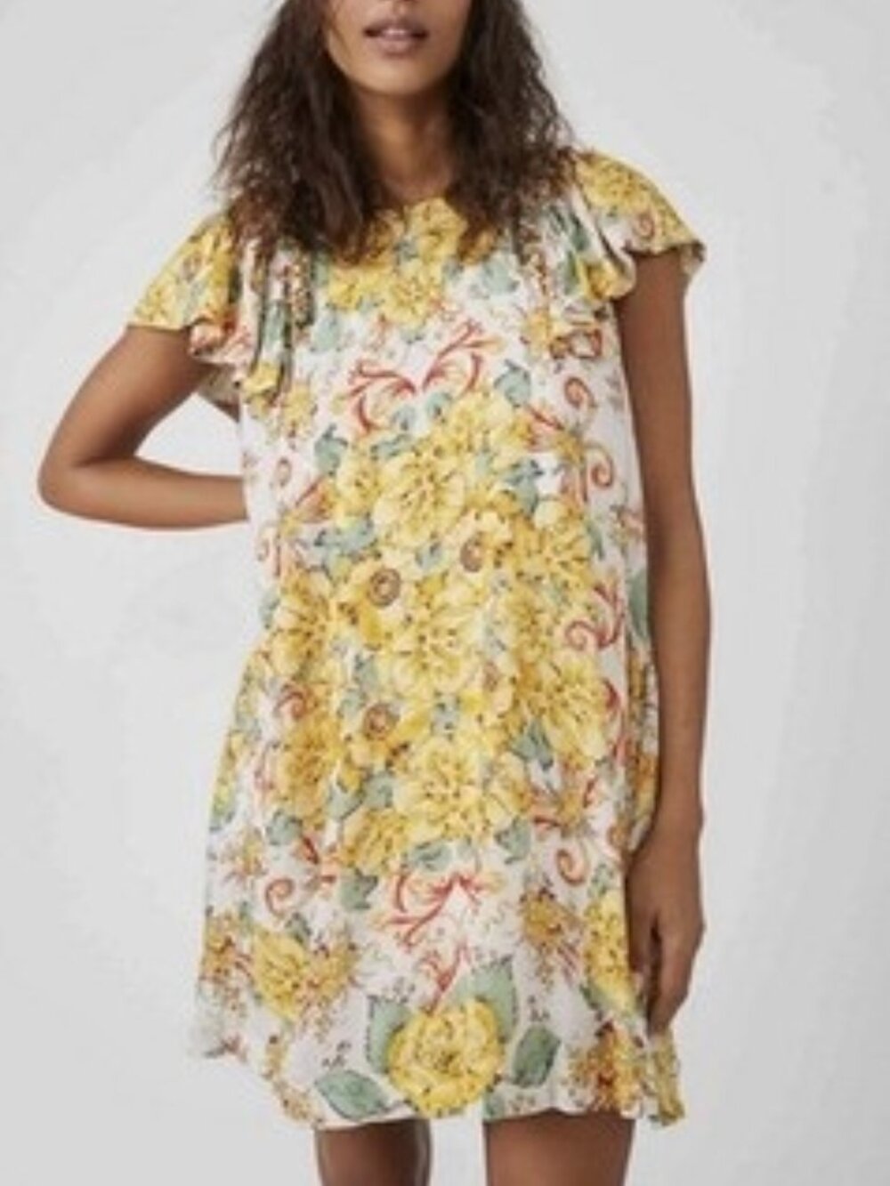 Free People NWT Yara Floral Print Mini Shift Dress In Yellow Multi Size Large